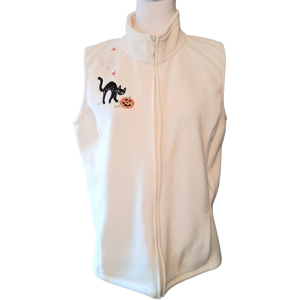 Holiday Editions Womens Medium Cream Fleece Vest Halloween Black Cat Pumpkin